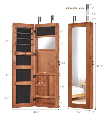 Solid Wood Jewelry Armoire Organizer Cabinet with Full-Length Mirror, 47.5x14.3 in