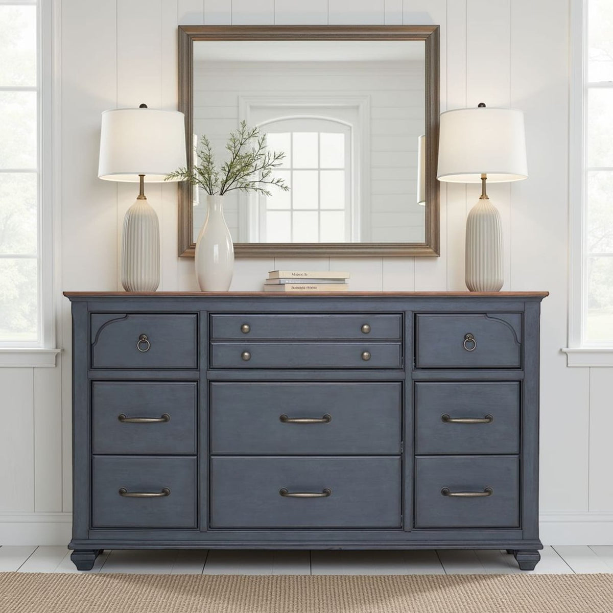 66" Blue Rubber Wood Dresser - Nine Drawers