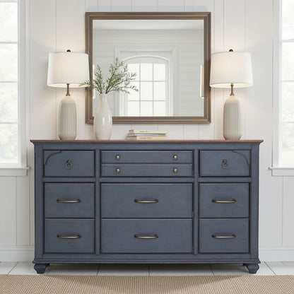 66" Blue Rubber Wood Dresser - Nine Drawers