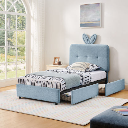 Twin Kids Bed with Storage Drawers - Navy Boucle Fabric