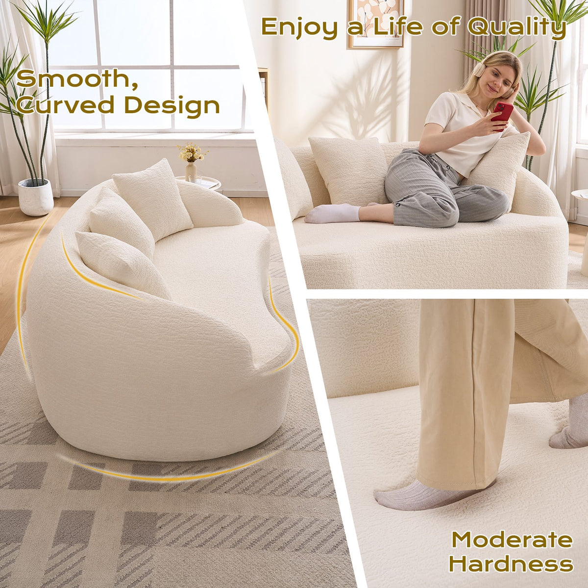 Off White Chenille Loveseat - Compact Sofa with Foam & Pillows for Living Room