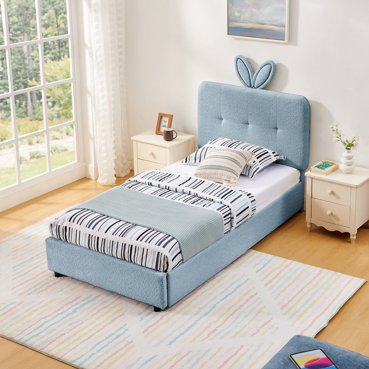 Twin Kids Bed with Storage Drawers - Navy Boucle Fabric