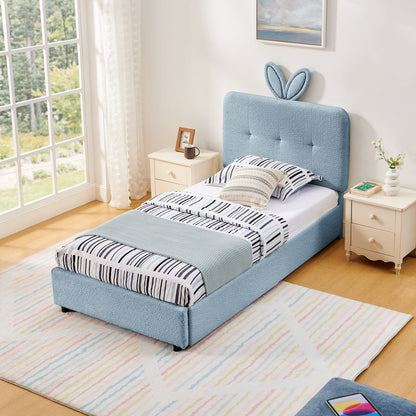Twin Kids Bed with Storage Drawers - Navy Boucle Fabric