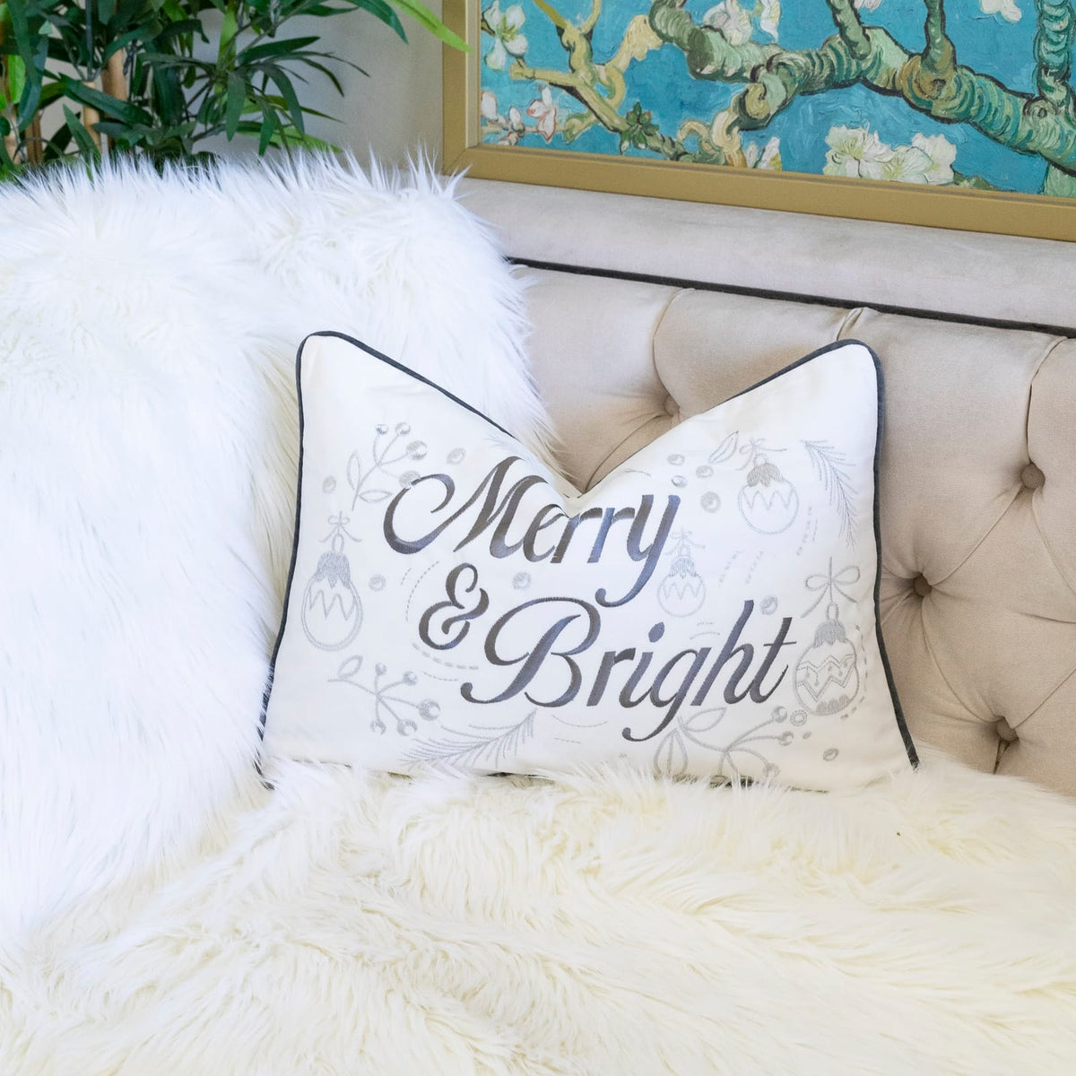 14x20" White Silver Embroidered Velvet Throw Pillow Set