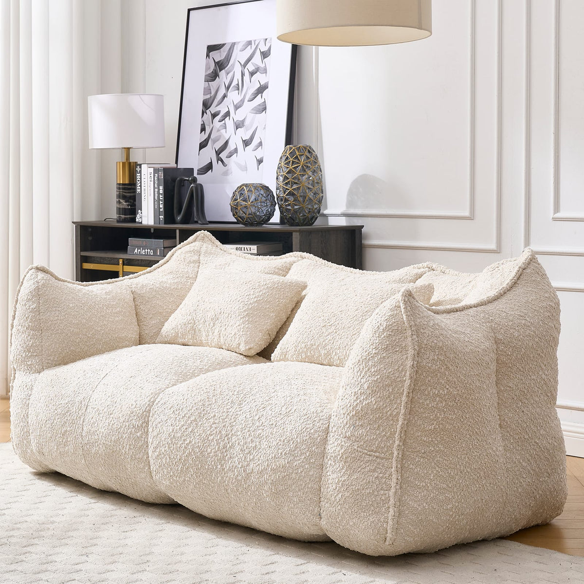 Soft Beige Chenille Bean Bag Chair - Family Room Comfort for Living Room