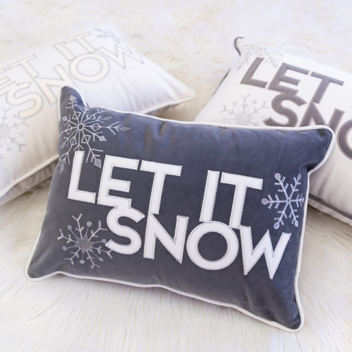 White Velvet Lumbar Pillow - Let It Snow Embroidery