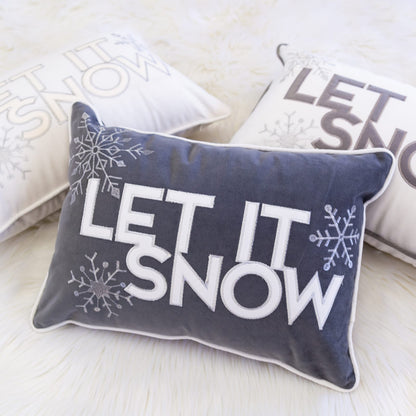 White Velvet Lumbar Pillow - Let It Snow Embroidery