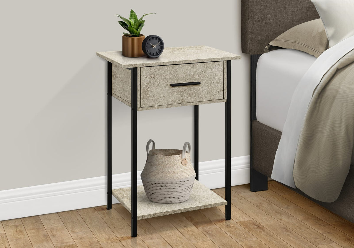 24" Black Metal Accent Table with Cream Stone Drawer for Living Room