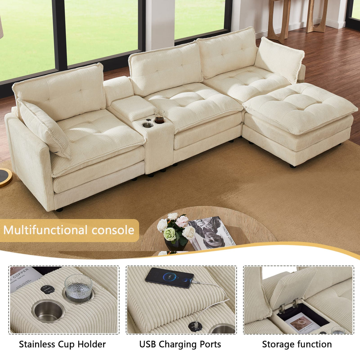119" L-Shaped Corduroy Sectional Sofa with Ottoman & Console, Beige