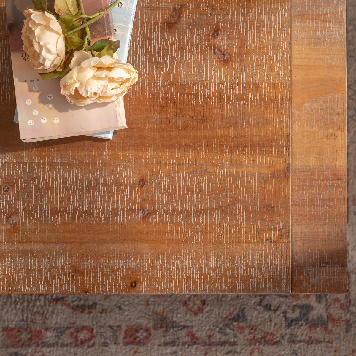 Rustic Farmhouse Wood Coffee Table with Open Storage Shelf for Living Room
