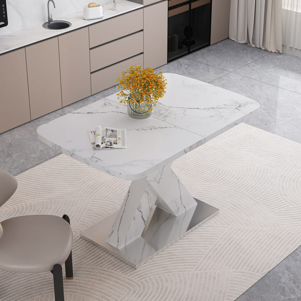 Modern White Dining Table - Stretchable Rectangle, MDF Steel