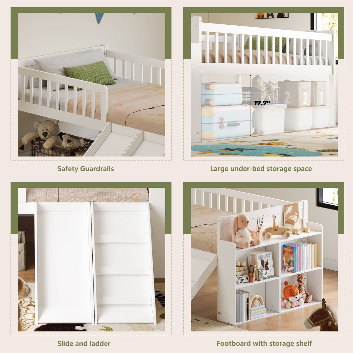 Twin Bed Frame with Storage Shelf - White Wooden Platform Bed