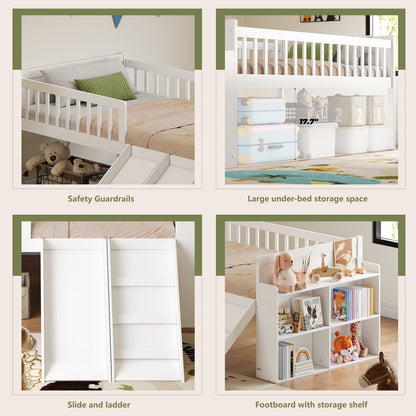 Twin Bed Frame with Storage Shelf - White Wooden Platform Bed