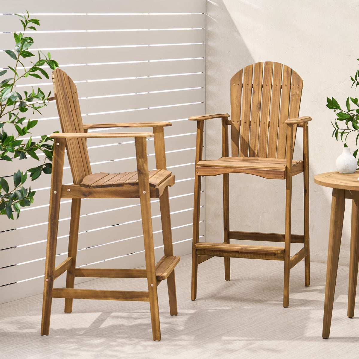 Acacia Wood Adirondack Barstools - Set of 2, Natural Stained Patio Seating