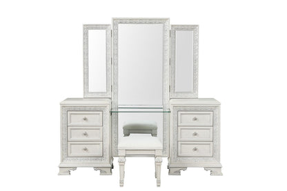 Traditional Creamy White Vanity with 5 Drawers and LED Lighting for Bedroom