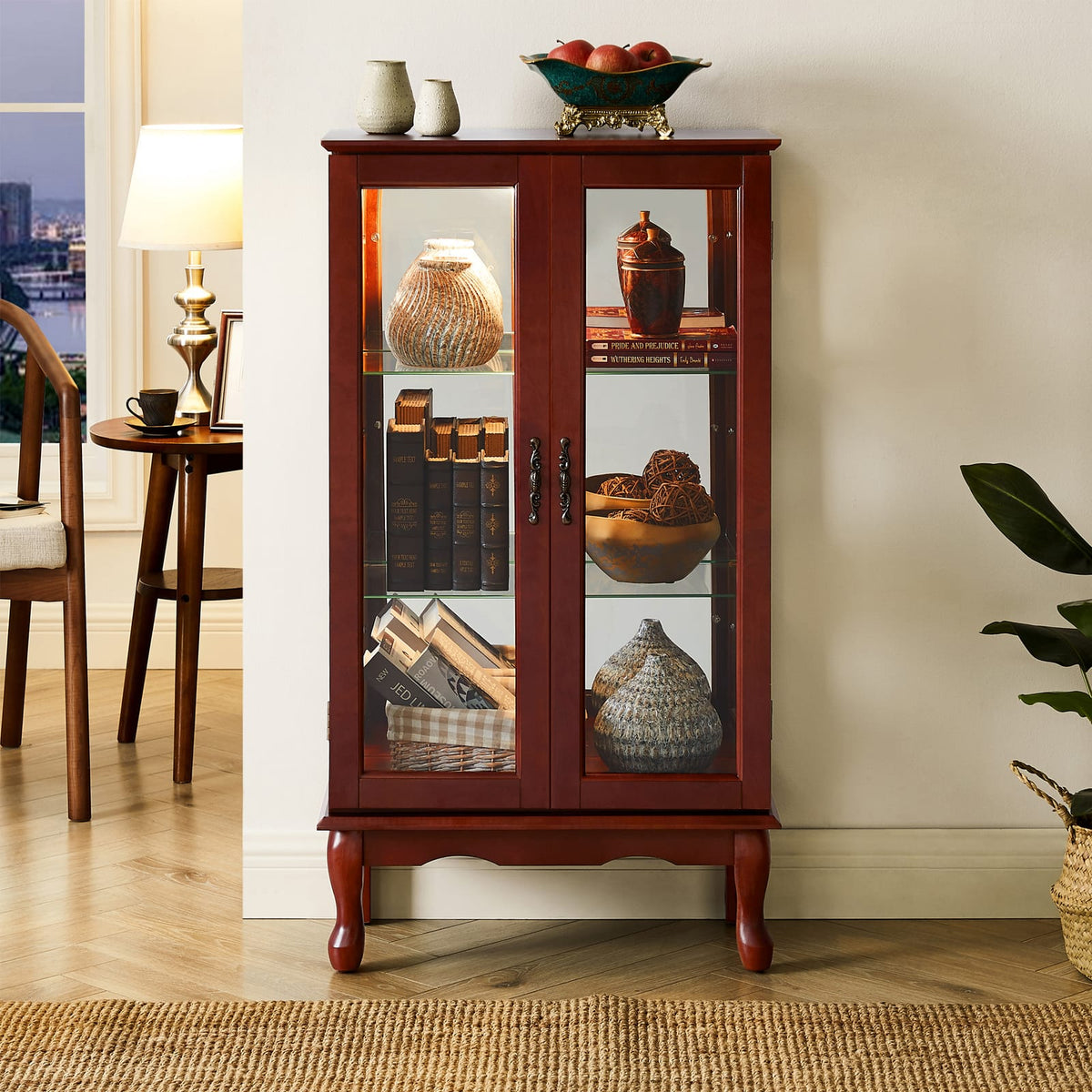 Cherry Mirrored Curio Cabinet - Adjustable Shelves & Lighting for Living Room
