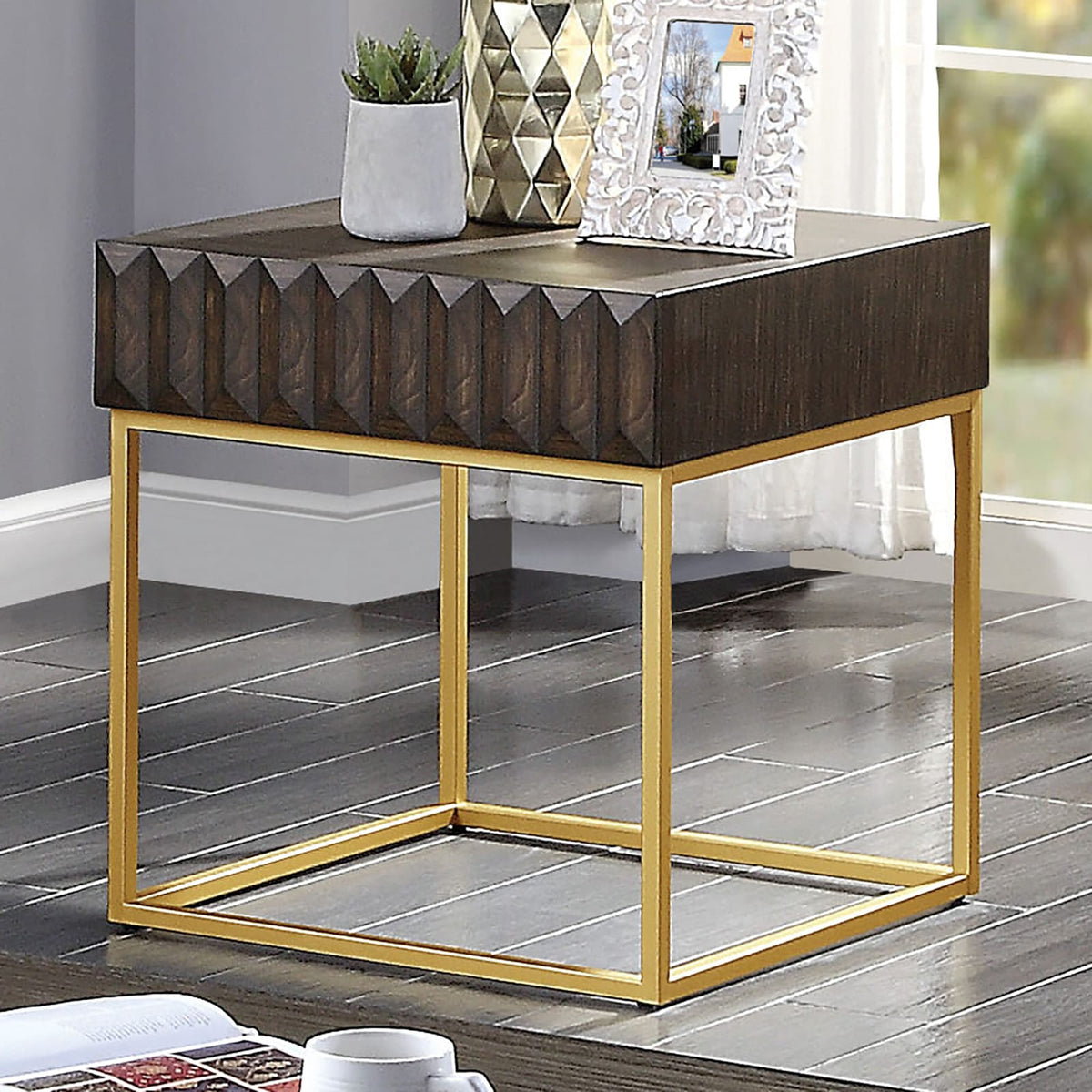 Gold Walnut End Table - Contemporary Metal Design for Living Room