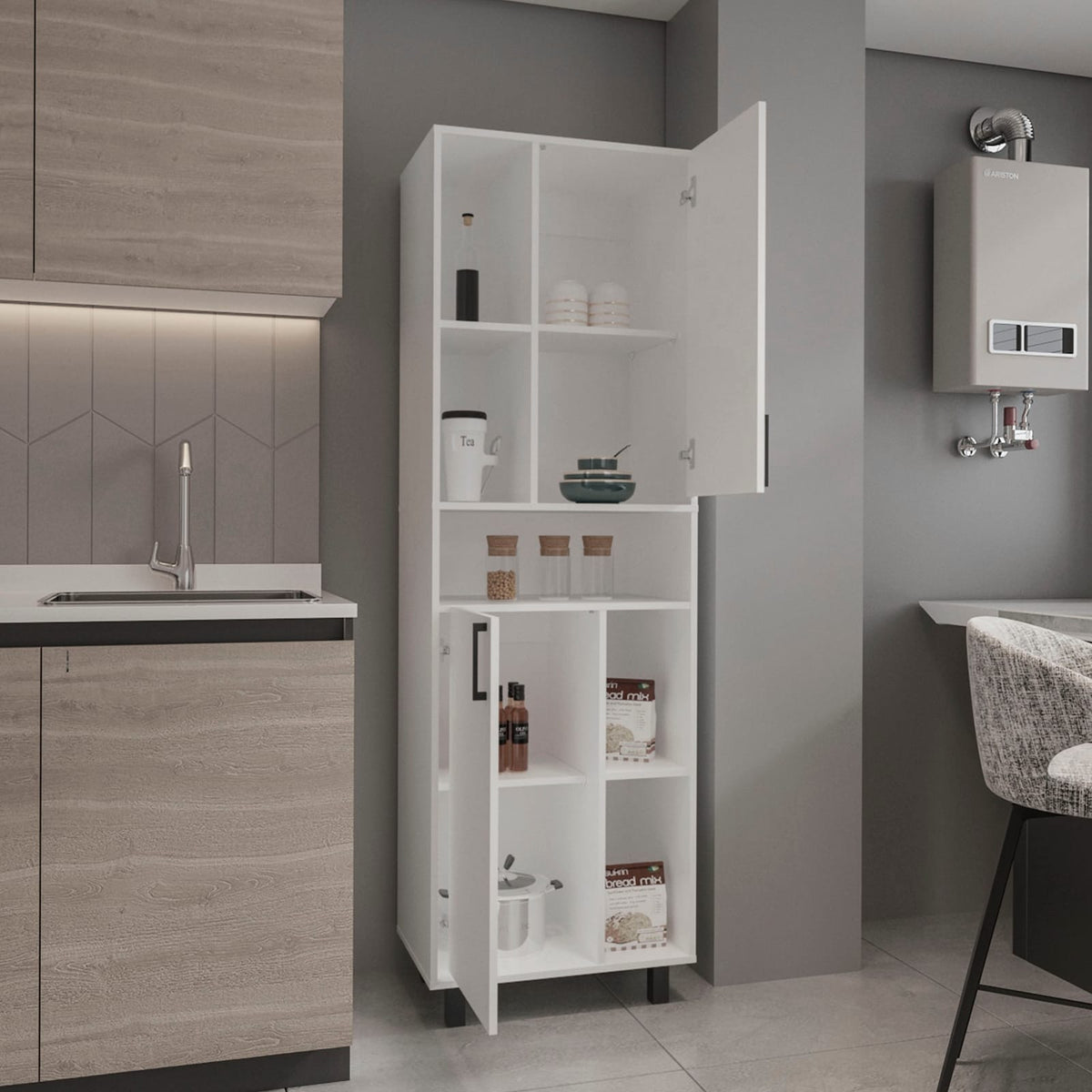 White MDF Pantry Cabinet - Tall Storage Unit for Living Room