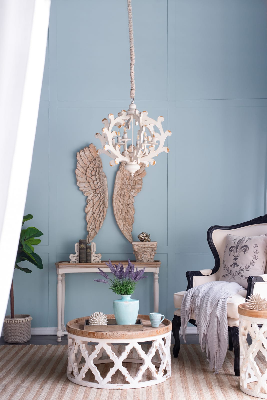 6-Light Wood Chandelier - White MDF, Adjustable Chain