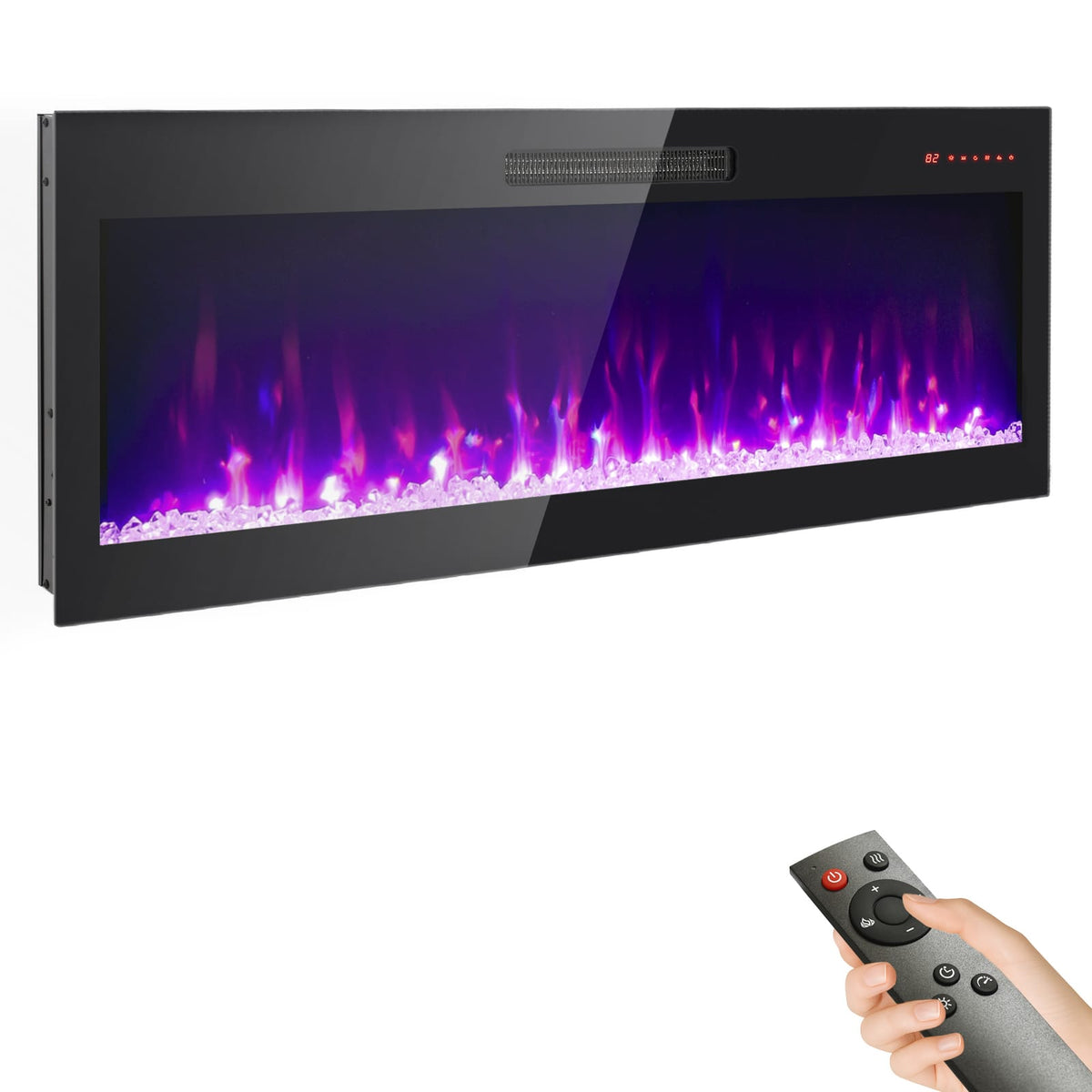 Living Room 50 Inch Antique Black Tempered Glass Fireplace - Wall Mounted Electric