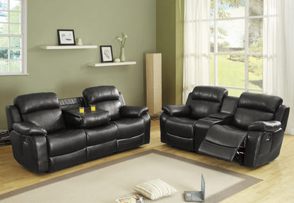 Contemporary Black Faux Leather Sofa - 1pc Double Reclining with Cup Holder