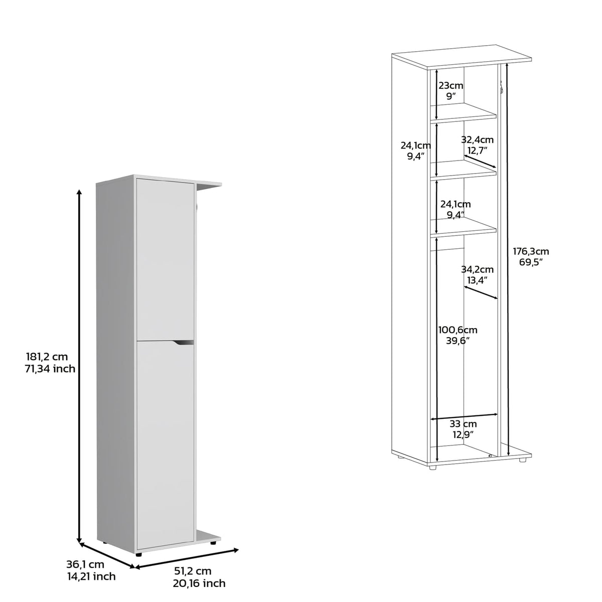 71.3" White Broom Storage Cabinet with 2 Doors & 5 Shelves for Living Room
