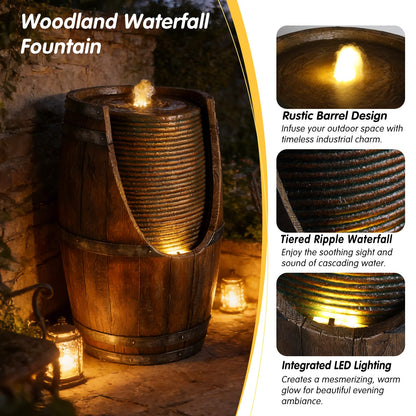 Brown Gray Resin Barrel Water Fountain with Lights