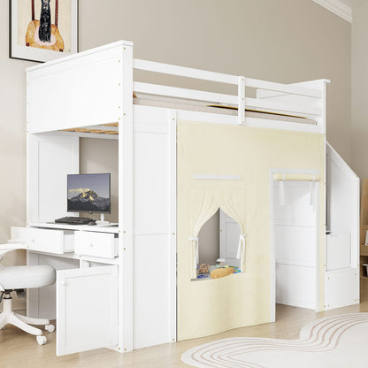 Twin Size Loft Bed with Desk - White MDF, Pine