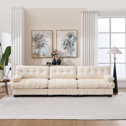 3-Seat Beige Wood Sectional Sofa - Comfy Cloud Couch