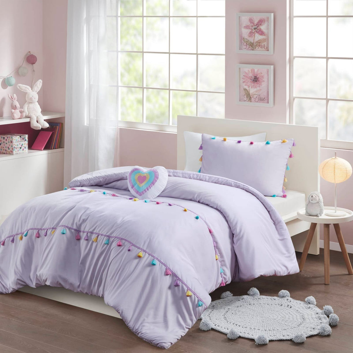 Twin Tassel Comforter Set with Heart Pillow - Multicolor