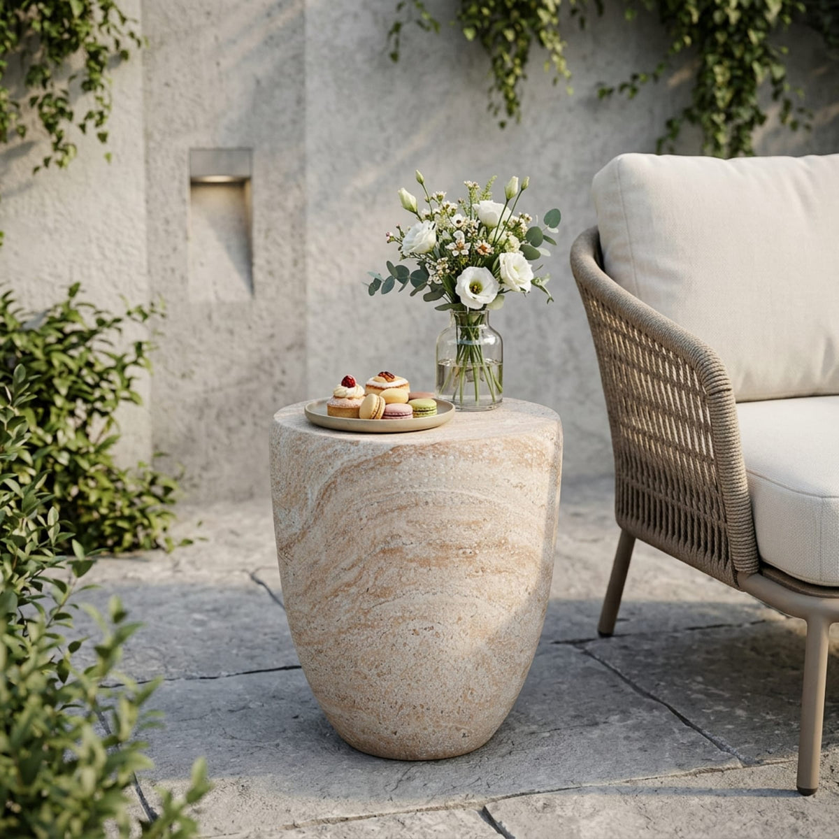 Beige Concrete Side Table - 14.25" Outdoor Patio Table