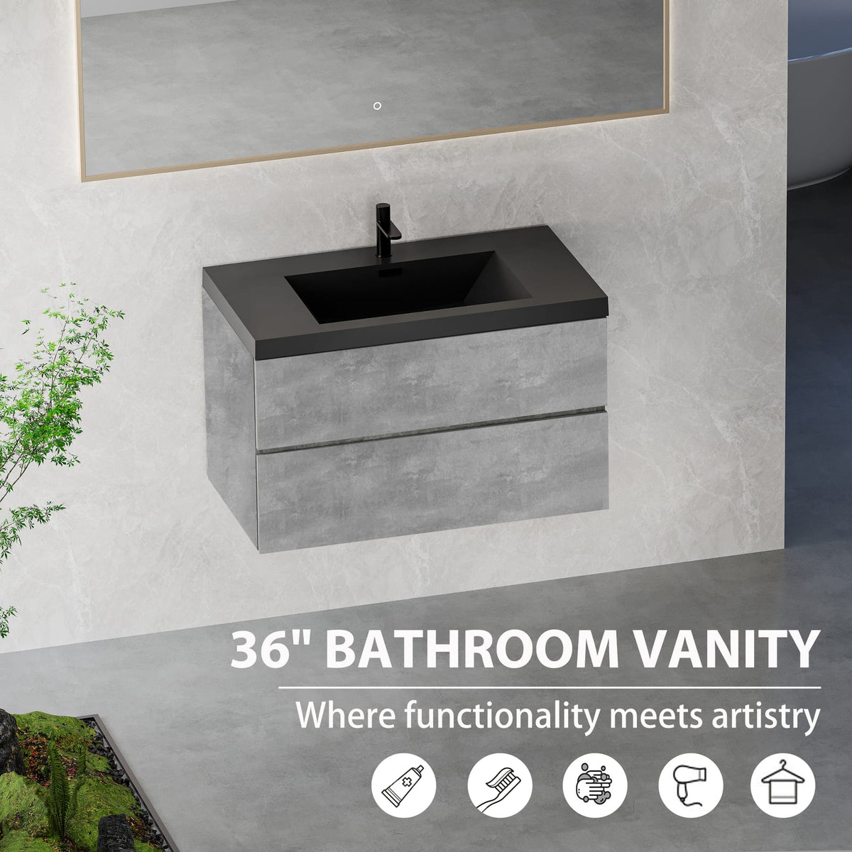 Grey Wood Bathroom Vanity with Sink - Wall Mounted Storage