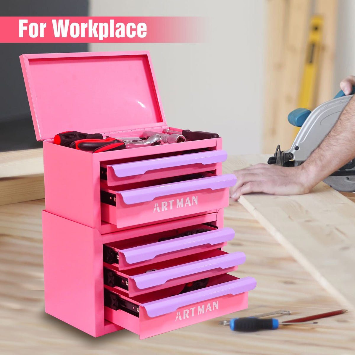 Pink Purple Steel Tool Cabinet Drawers - 5 Drawer Organizer