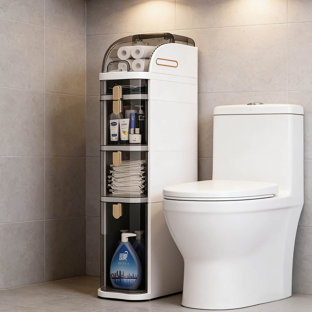 5-Tier White Bathroom Storage Cabinet - Narrow Mobile Shelf