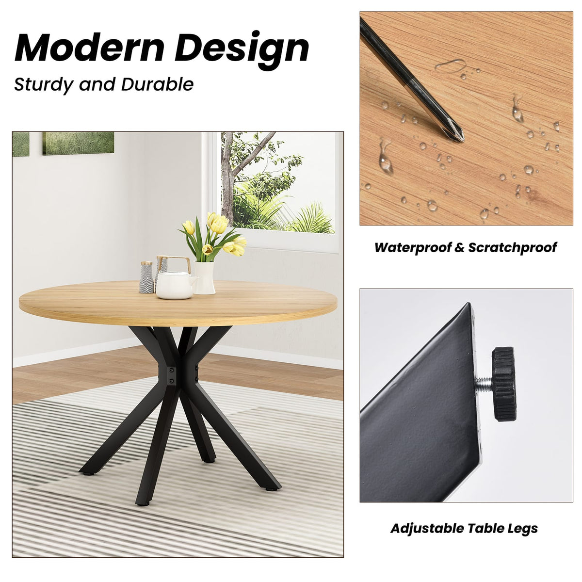 47 Inch Round Metal & Wood Dining Table - Natural
