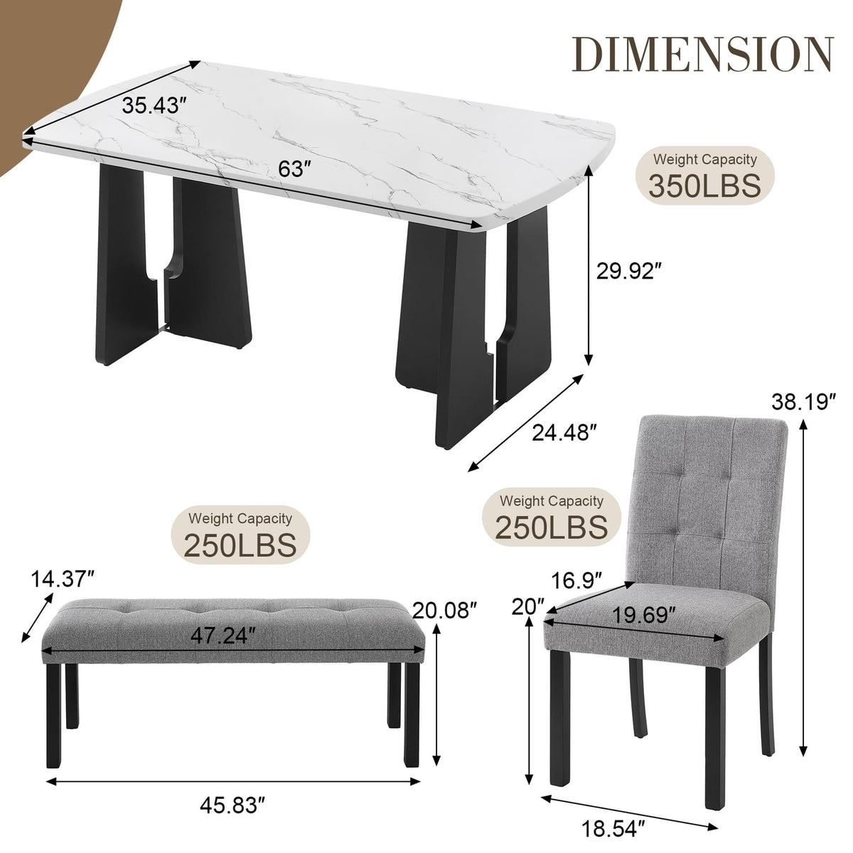 Modern Rectangular Dining Table Set with Bench & Chairs for Dining Room