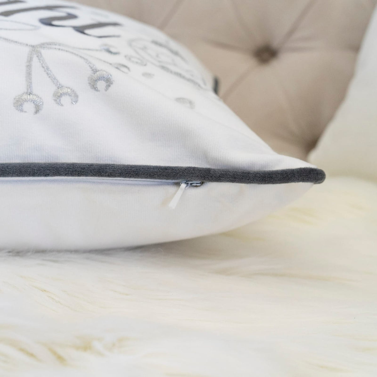 14x20" White Silver Embroidered Velvet Throw Pillow Set