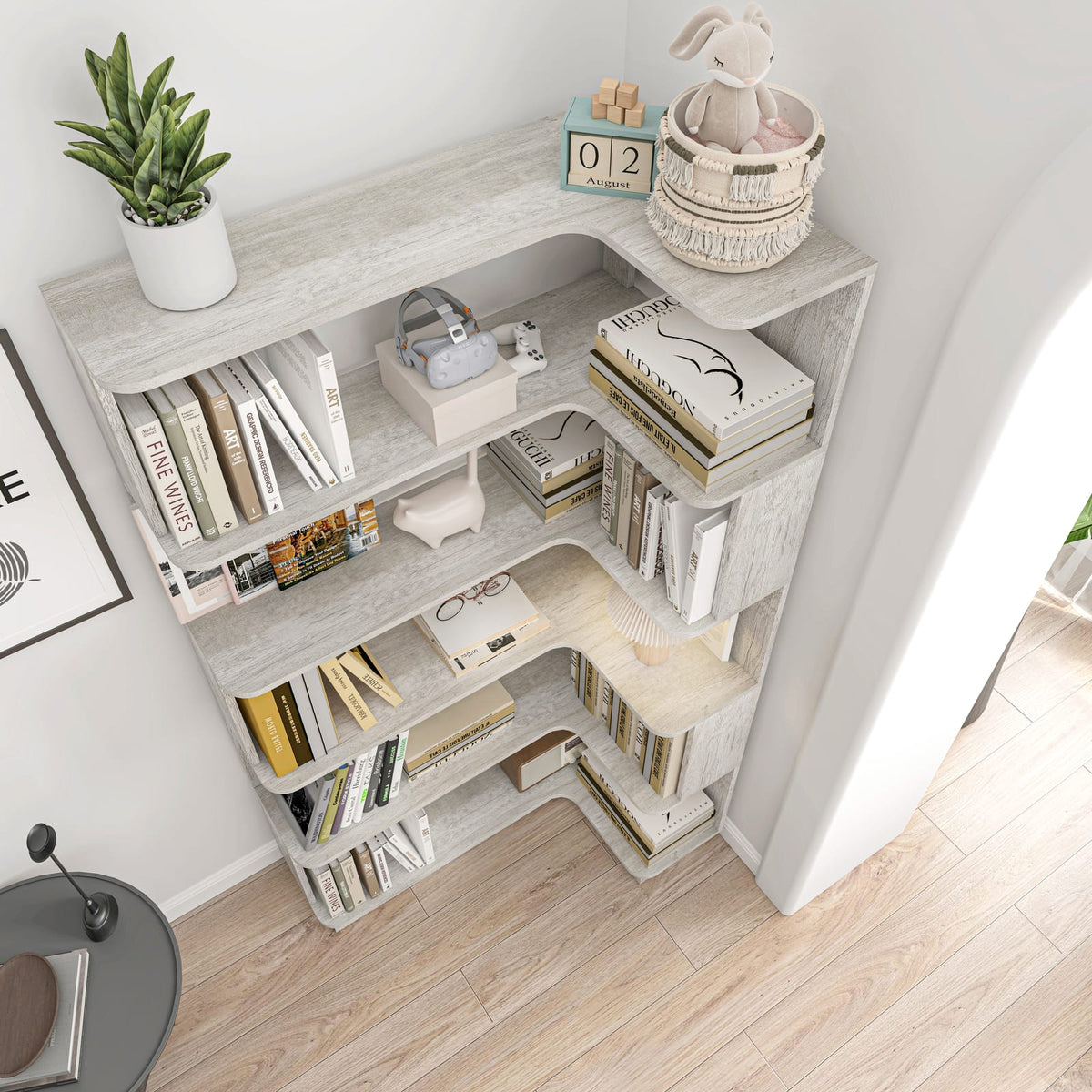90cm Corner Bookshelf - Light Gray MDF Display Cabinet