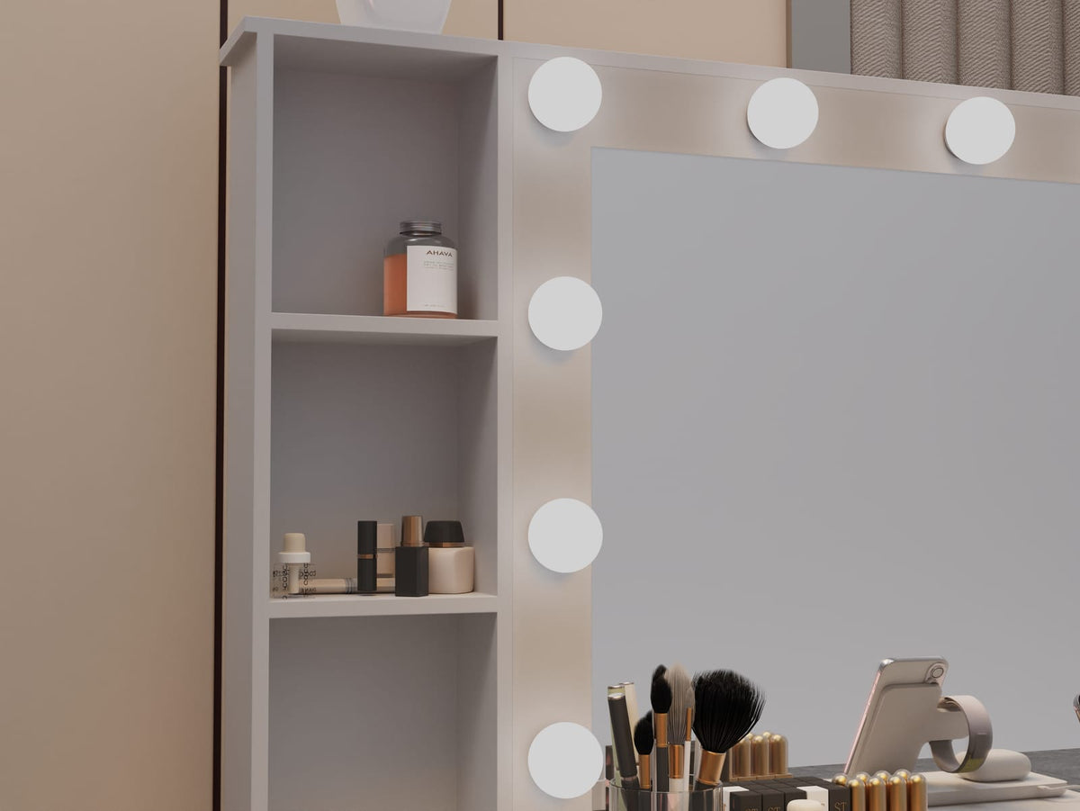 White Vanity Desk with Mirror & Lights - Charging Station for Bedroom