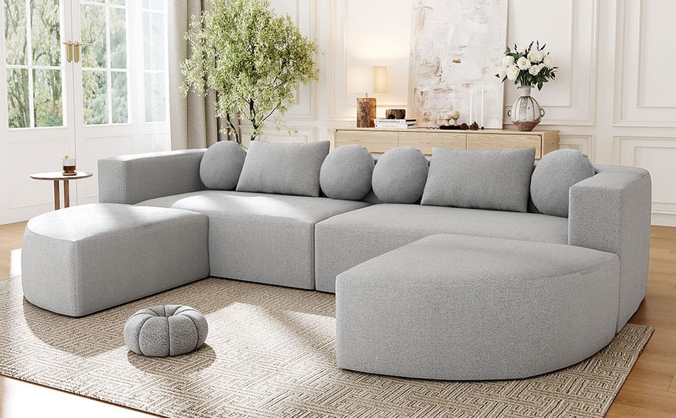 U-Shaped Grey Sectional Sofa - 6 Seat Family Living Room