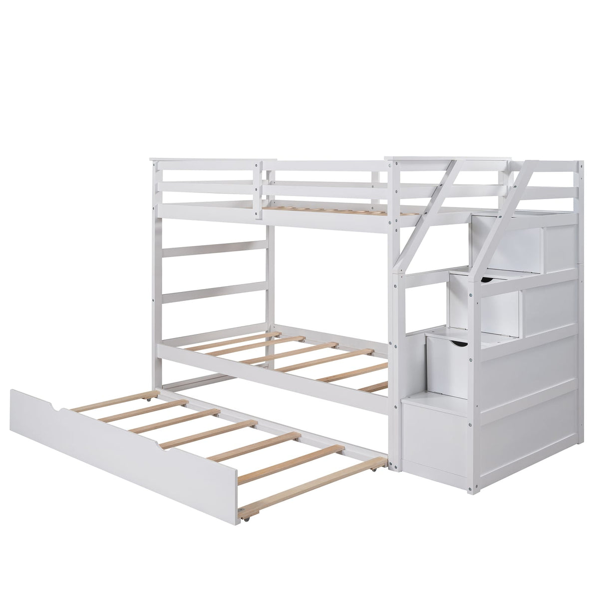 Twin-Over-Twin Bunk Bed with Trundle - White Solid Wood