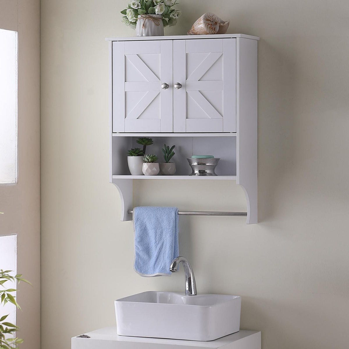 White Farmhouse Over-the-Toilet Storage Cabinet - Bathroom Utility