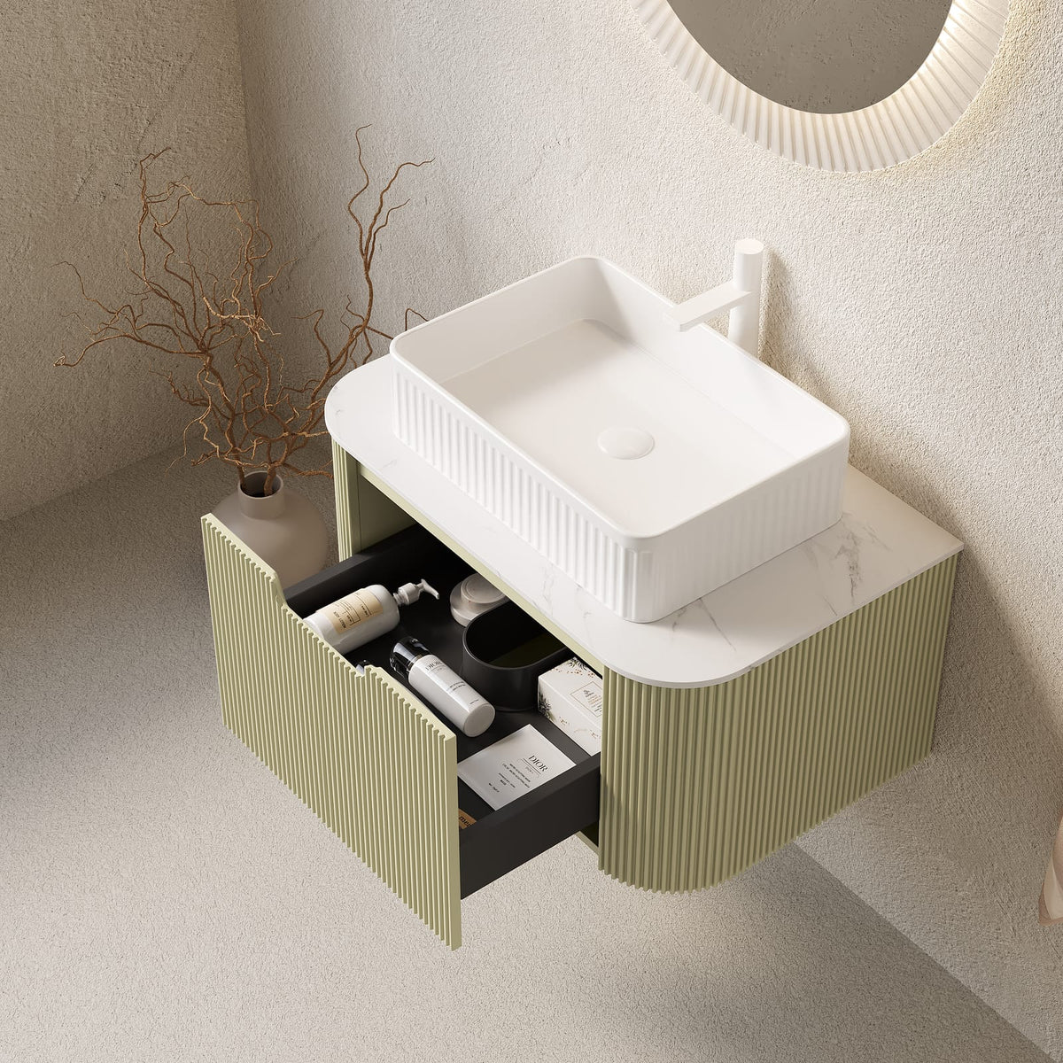 Light Green Bathroom Vanity with Sink - Wall Mounted Storage