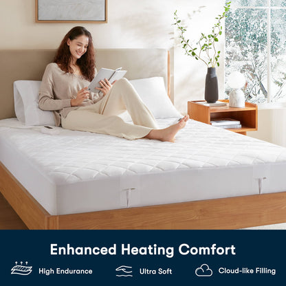 Queen Heated Mattress Pad - White Microfiber
