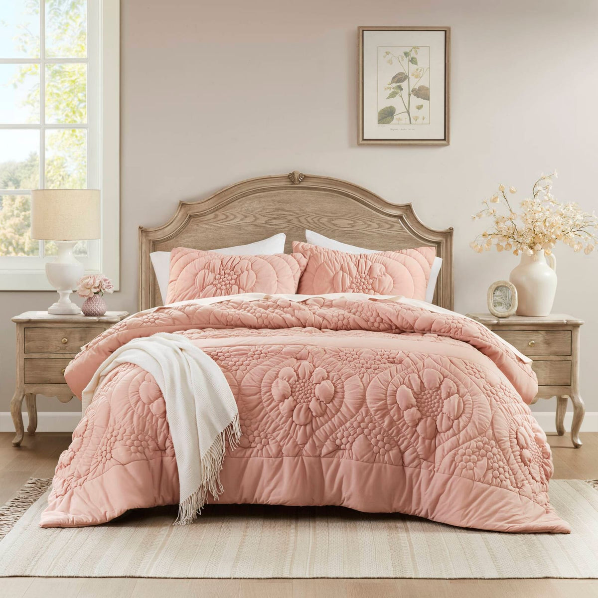3-Piece Full/Queen Comforter Set, Pink - Soft Polyester Floral Quilt