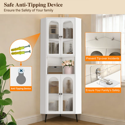 73" White Steel Corner Cabinet - Adjustable Shelves Storage for Living Room