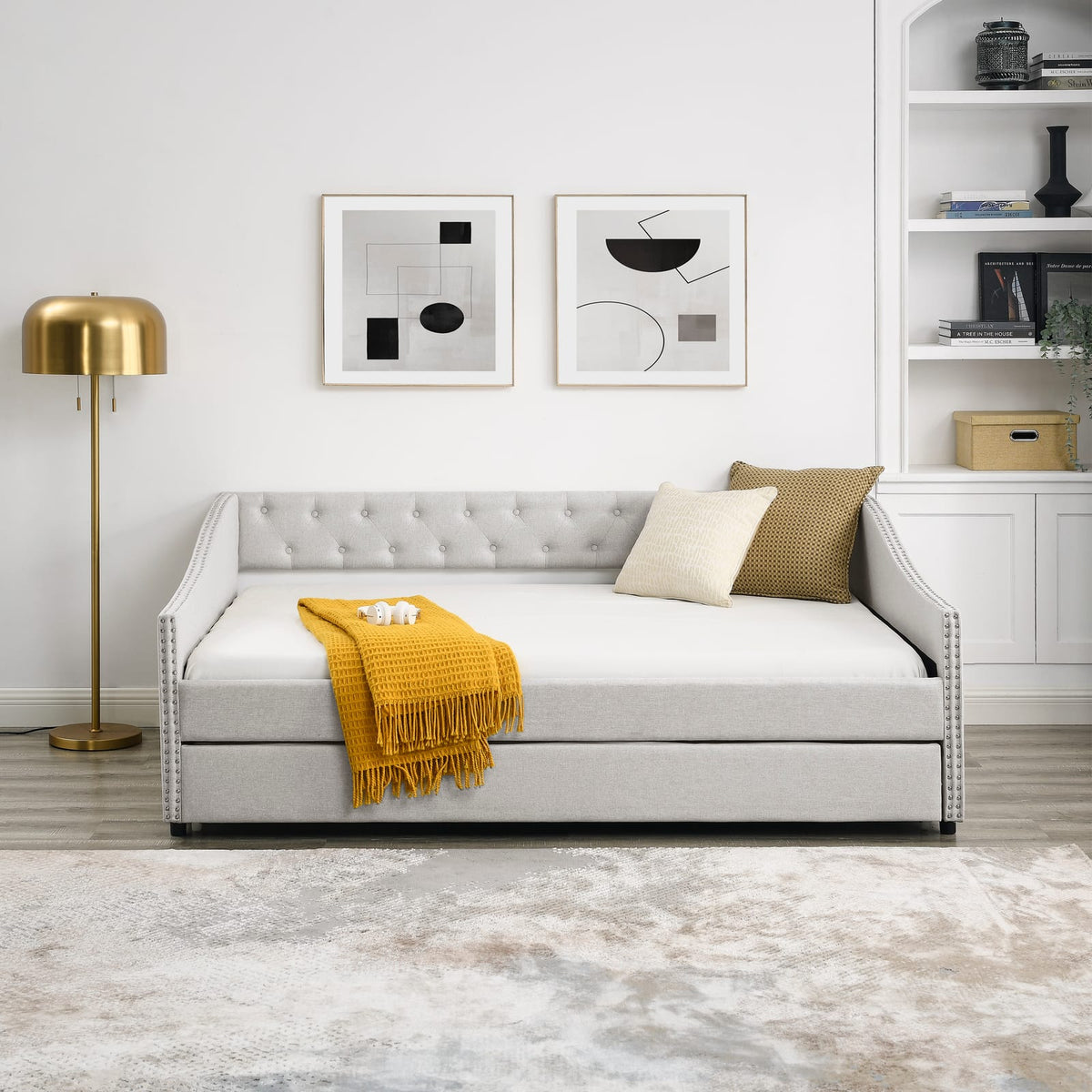 Beige Mid-Century Daybed with Trundle Storage for Comfortable Seating for Living Room