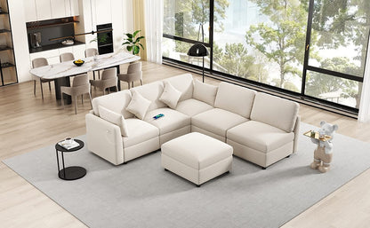 86.6" Beige Modular Sectional Sofa - 5 Seat Chenille
