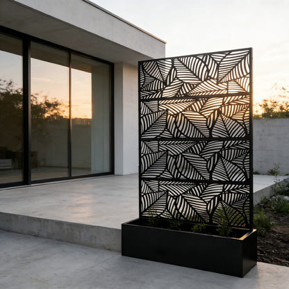 70.87" H Leaf Pattern Privacy Screen with Planter Box - Black Iron