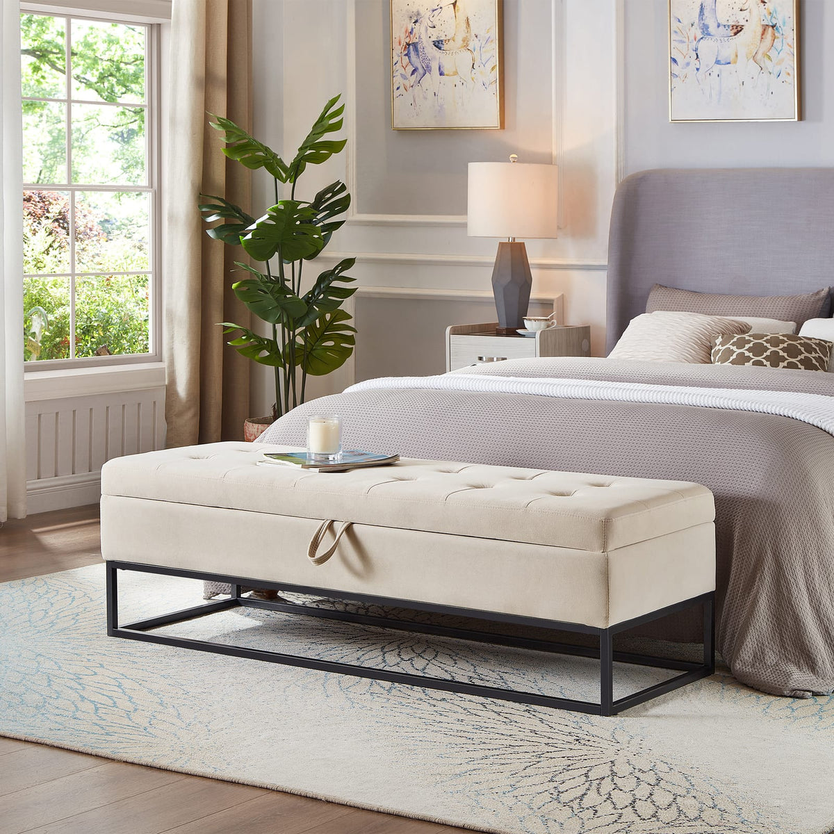 Beige Velvet Storage Bench with Metal Base for Bedroom or Guest Room